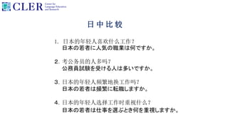 日 中 比 较
1. 日本的年轻人喜欢什么工作？
日本の若者に人気の職業は何ですか。
２．考公务员的人多吗？
公務員試験を受ける人は多いですか。
３．日本的年轻人频繁地换工作吗？
日本の若者は頻繁に転職しますか。
４．日本的年轻人选择工作时重视什么？
日本の若者は仕事を選ぶとき何を重視しますか。
 