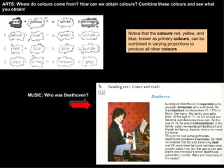 Notice that the  colours  red, yellow, and blue, known as primary  colours , can be combined in varying proportions to produce all other  colours   ARTS: Where do colours come from? How can we obtain colours? Combine these colours and see what you obtain! MUSIC: Who was Beethoven? 
