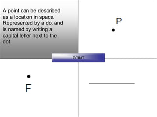 A point can be described
as a location in space.
Represented by a dot and
is named by writing a
capital letter next to the
dot.


                             POINT
 