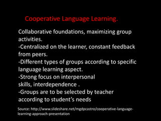 Cooperative Language Learning.Collaborative foundations, maximizing group activities.-Centralized on the learner, constant feedback from peers.-Different types of groups according to specific language learning aspect.-Strong focus on interpersonal skills, interdependence .-Groups are to be selected by teacher according to student’s needsSource: http://www.slideshare.net/mgdpcastro/cooperative-language-learning-approach-presentation