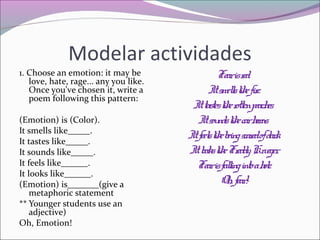 Modelar actividades
1. Choose an emotion: it may be
love, hate, rage... any you like.
Once you've chosen it, write a
poem following this pattern:
(Emotion) is (Color).
It smells like_____.
It tastes like_____.
It sounds like_____.
It feels like______.
It looks like______.
(Emotion) is_______(give a
metaphoric statement
** Younger students use an
adjective)
Oh, Emotion!

Fearisr
ed.
Itsmelsl fir
l ike e.
Ittastesl r peach
ike otten es.
Itsou l carh ns.
nds ike or
Itfeel l b scar ofdar
s ike eing ed k.
Itl l Fr Kr eger
ooks ike eddy u .
Fearisfaling intoah e.
l
ol
Oh fear
, !

 