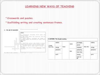 LEARNING NEW WAYS OF TEACHING
* Crosswords and puzzles.
* Scaffolding writing and creating sentences:frames.
 