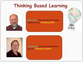 Thinking Based Learning
Robert Swart: "National Center for Teaching
Thinking" Boston. Thinking skills.
David Perkins: Teacher at Education School
Harvard. Thinking routines.
 