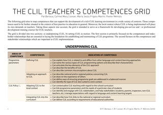 © P. Bertaux, C.M. Coonan, M.J.Frigols-Martín, P. Mehisto (2010)1
THE CLIL TEACHER’S COMPETENCES GRIDPat Bertaux, Carmel Mary Coonan, María Jesús Frigols-Martín, Peeter Mehisto
The following grid aims to map competences that can support the development of a rich CLIL learning environment in a wide variety of contexts. These compe-
tences need to be further situated in the context of best practice in education in general. Moreover, the local context where CLIL is being implemented will place
its own demands on teachers. Taking these aspects into account, the grid is intended to serve as a framework for developing pre-service and / or professional
development training courses for CLIL teachers.
The grid is divided into two sections: a) underpinning CLIL; b) setting CLIL in motion. The ﬁrst section is primarily focused on the competences and stake-
holder relationships that are essential to laying the foundation for establishing and maintaining a CLIL programme. The second focuses on the competences and
stakeholder relationships which are important to CLIL implementation.
UNDERPINNING CLIL
AREAS OF
COMPETENCE
COMPETENCES INDICATORS OF COMPETENCE
Programme
parameters
Defining CLIL Can explain how CLIL is related to and differs from other language and content learning approaches•
Can name the various types of CLIL programming options and describe their characteristics•
Can articulate the key elements of the CLIL approach•
Can describe the benefits of CLIL•
Can describe common misconceptions about CLIL•
Adopting an approach
to CLIL
Can describe national and/or regional policies concerning CLIL•
Can draw on the experience of others•
Can define ways of ensuring programme goals are addressed in a balanced manner•
Can identify the type of CLIL best suited to one’s context•
CLIL Policy /... Adapting CLIL to the
local context
Can contextualise CLIL teaching with regard to the school curriculum•
Can link programme parameters and the needs of a particular class of students•
Can identify and engage with CLIL stakeholders, and help stakeholders (students, parents, inspectors, non-CLIL•
teachers, etc.) manage expectations with regard to language and content learning targets
Integrating CLIL into the
curriculum
Can describe how CLIL links to the national or regional curriculum•
Can deliver CLIL according to requirements of educational authorities•
 