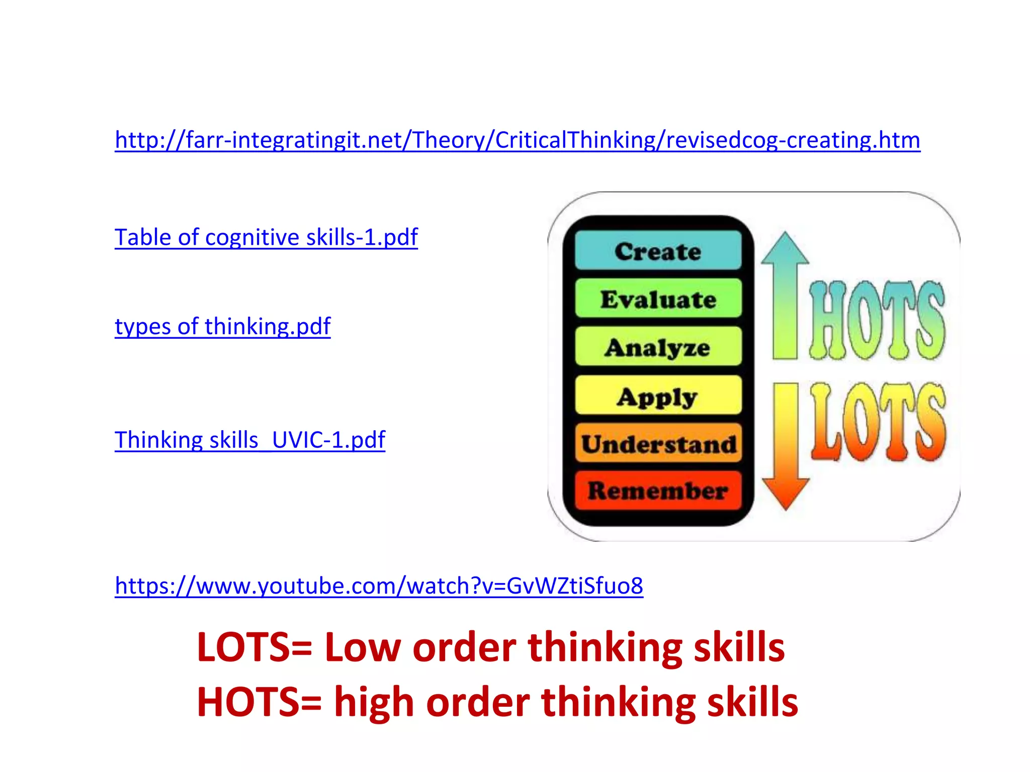 http://farr-integratingit.net/Theory/CriticalThinking/revisedcog-creating.htm
types of thinking.pdf
Table of cognitive skills-1.pdf
Thinking skills_UVIC-1.pdf
https://www.youtube.com/watch?v=GvWZtiSfuo8
LOTS= Low order thinking skills
HOTS= high order thinking skills
 