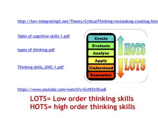 http://farr-integratingit.net/Theory/CriticalThinking/revisedcog-creating.htm
types of thinking.pdf
Table of cognitive skills-1.pdf
Thinking skills_UVIC-1.pdf
https://www.youtube.com/watch?v=GvWZtiSfuo8
LOTS= Low order thinking skills
HOTS= high order thinking skills
 