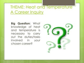 THEME: Heat and Temperature
A Career Inquiry

Big Question: What
knowledge of heat
and temperature is
necessary to carry
out the duties/tasks
involved   in   your
chosen career?
 