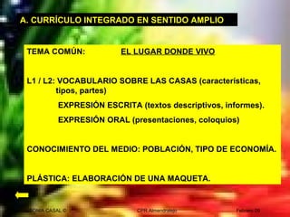 SONIA CASAL © CPR Almendralejo Febrero 09
A. CURRÍCULO INTEGRADO EN SENTIDO AMPLIO
TEMA COMÚN: EL LUGAR DONDE VIVO
L1 / L2: VOCABULARIO SOBRE LAS CASAS (características,
tipos, partes)
EXPRESIÓN ESCRITA (textos descriptivos, informes).
EXPRESIÓN ORAL (presentaciones, coloquios)
CONOCIMIENTO DEL MEDIO: POBLACIÓN, TIPO DE ECONOMÍA.
PLÁSTICA: ELABORACIÓN DE UNA MAQUETA.
 
