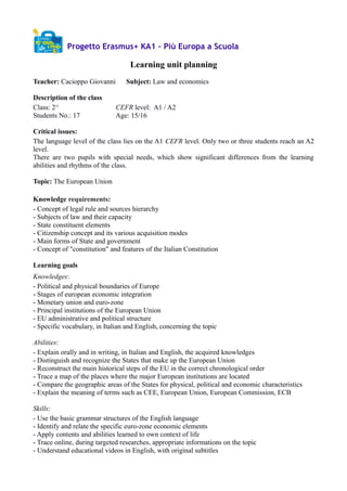 Progetto Erasmus+ KA1 – Più Europa a Scuola
Learning unit planning
Teacher: Cacioppo Giovanni Subject: Law and economics
Description of the class
Class: 2^ CEFR level: A1 / A2
Students No.: 17 Age: 15/16
Critical issues:
The language level of the class lies on the A1 CEFR level. Only two or three students reach an A2
level.
There are two pupils with special needs, which show significant differences from the learning
abilities and rhythms of the class.
Topic: The European Union
Knowledge requirements:
- Concept of legal rule and sources hierarchy
- Subjects of law and their capacity
- State constituent elements
- Citizenship concept and its various acquisition modes
- Main forms of State and government
- Concept of "constitution" and features of the Italian Constitution
Learning goals
Knowledges:
- Political and physical boundaries of Europe
- Stages of european economic integration
- Monetary union and euro-zone
- Principal institutions of the European Union
- EU administrative and political structure
- Specific vocabulary, in Italian and English, concerning the topic
Abilities:
- Explain orally and in writing, in Italian and English, the acquired knowledges
- Distinguish and recognize the States that make up the European Union
- Reconstruct the main historical steps of the EU in the correct chronological order
- Trace a map of the places where the major European institutions are located
- Compare the geographic areas of the States for physical, political and economic characteristics
- Explain the meaning of terms such as CEE, European Union, European Commission, ECB
Skills:
- Use the basic grammar structures of the English language
- Identify and relate the specific euro-zone economic elements
- Apply contents and abilities learned to own context of life
- Trace online, during targeted researches, appropriate informations on the topic
- Understand educational videos in English, with original subtitles
 