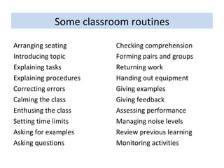 Some classroom routines Arranging seating Introducing topic Explaining tasks Explaining procedures Correcting errors Calming the class Enthusing the class Setting time limits Asking for examples Asking questions Checking comprehension Forming pairs and groups Returning work Handing out equipment Giving examples Giving feedback Assessing performance Managing noise levels Review previous learning Monitoring activities 