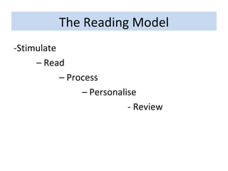 The Reading Model -Stimulate  –  Read  –  Process  –  Personalise  - Review 