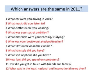 Which answers are the same in 2011? 1 What car were you driving in 2001? 2 What music did you listen to? 3 What clothes were you wearing? 4 What was your secret ambition? 5 What materials were you teaching/studying? 6 Who was your best/worst student/teacher? 7 What films were on in the cinema? 8 What hairstyle did you have? 9 What sort of phone did you have? 10 How long did you spend on computers? 11How did you get in touch with friends and family? 12 What was in the local, national and international news then? 