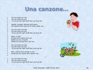    You are what you eat,
   You eat what you are,
    If you eat the right stuff then you’ll go far

   Apples, oranges, bananas and pears,
   Are packed with vitamins for body repair cos…..

   You are what you eat,
   You eat what you are,
    If you eat the right stuff then you’ll go far

   Meat, is neat
   Packed with protein and iron
   Builds up your muscles
   Makes you strong like a lion cos

   You are what you eat,
   You eat what you are,
    If you eat the right stuff then you’ll go far

   Milk, yoghurt and cheese is yum,
   Builds up your bones with calcium cos

                                                     
   You are what you eat,
   You eat what you are,
    If you eat the right stuff then you’ll go far



                                     Carla Tosoratti, LEND Torino 2011   28
 