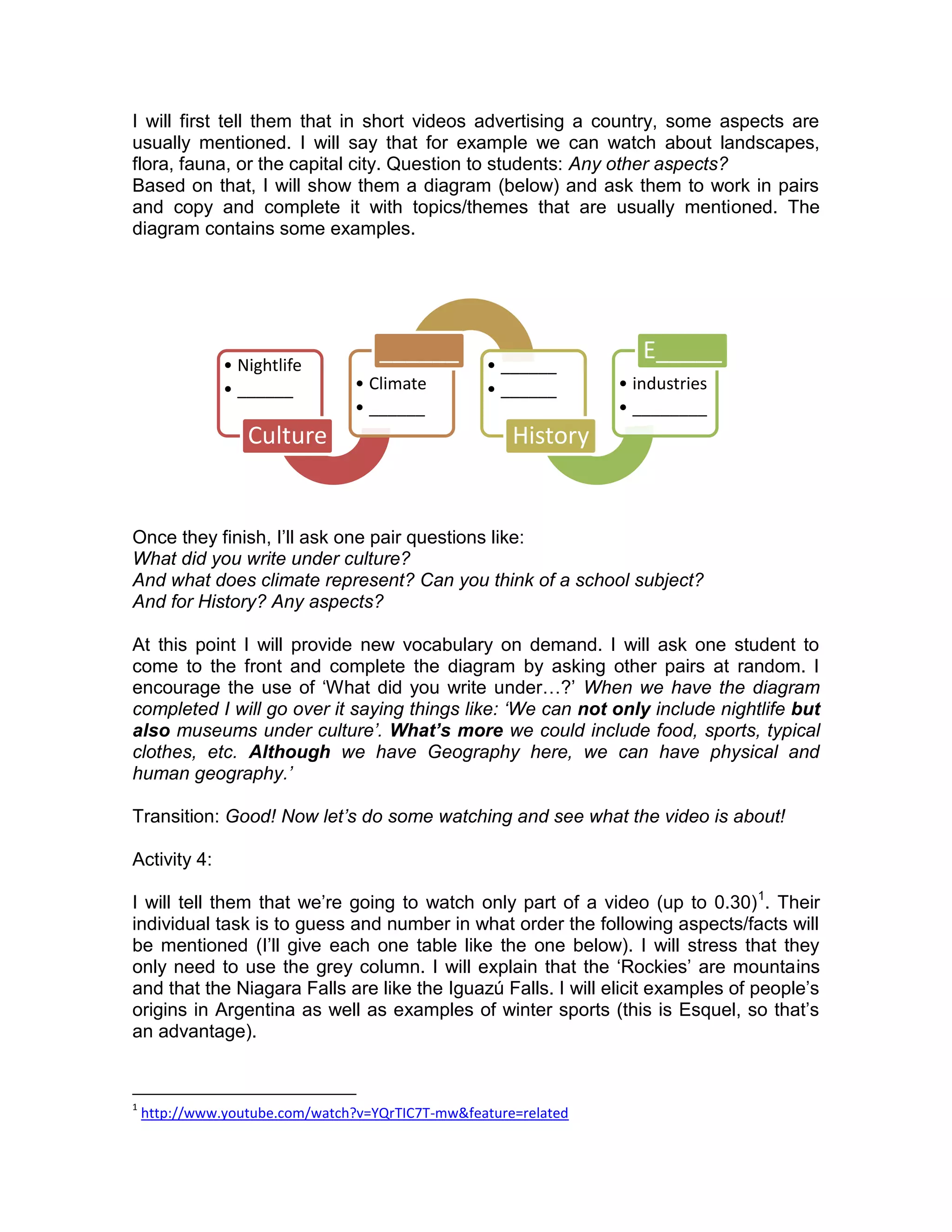 I will first tell them that in short videos advertising a country, some aspects are
usually mentioned. I will say that for example we can watch about landscapes,
flora, fauna, or the capital city. Question to students: Any other aspects?
Based on that, I will show them a diagram (below) and ask them to work in pairs
and copy and complete it with topics/themes that are usually mentioned. The
diagram contains some examples.




               • Nightlife
                                    ______        • ______
                                                                    E_____
               • ______          • Climate        • ______       • industries
                                 • ______                        • ________
                  Culture                             History


Once they finish, I’ll ask one pair questions like:
What did you write under culture?
And what does climate represent? Can you think of a school subject?
And for History? Any aspects?

At this point I will provide new vocabulary on demand. I will ask one student to
come to the front and complete the diagram by asking other pairs at random. I
encourage the use of ‘What did you write under…?’ When we have the diagram
completed I will go over it saying things like: ‘We can not only include nightlife but
also museums under culture’. What’s more we could include food, sports, typical
clothes, etc. Although we have Geography here, we can have physical and
human geography.’

Transition: Good! Now let’s do some watching and see what the video is about!

Activity 4:

I will tell them that we’re going to watch only part of a video (up to 0.30) 1. Their
individual task is to guess and number in what order the following aspects/facts will
be mentioned (I’ll give each one table like the one below). I will stress that they
only need to use the grey column. I will explain that the ‘Rockies’ are mountains
and that the Niagara Falls are like the Iguazú Falls. I will elicit examples of people’s
origins in Argentina as well as examples of winter sports (this is Esquel, so that’s
an advantage).


1
    http://www.youtube.com/watch?v=YQrTIC7T-mw&feature=related
 