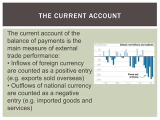 THE CURRENT ACCOUNT
The current account of the
balance of payments is the
main measure of external
trade performance:
• Inflows of foreign currency
are counted as a positive entry
(e.g. exports sold overseas)
• Outflows of national currency
are counted as a negative
entry (e.g. imported goods and
services)
 