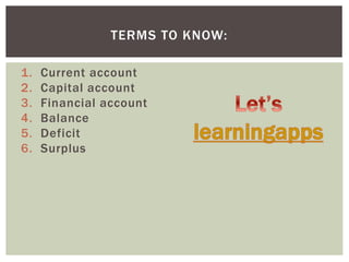 TERMS TO KNOW:
1. Current account
2. Capital account
3. Financial account
4. Balance
5. Deficit
6. Surplus
 