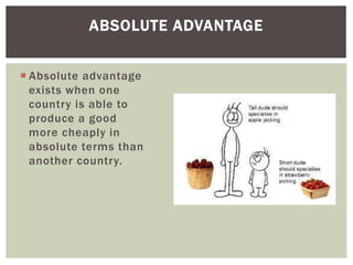  Absolute advantage
exists when one
country is able to
produce a good
more cheaply in
absolute terms than
another country.
ABSOLUTE ADVANTAGE
 
