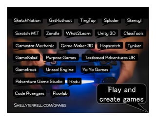 SHELLYTERRELL.COM/GAMES
ZondleScratch MIT
TinyTapGetKathoot StencylSketchNation
GameSalad Purpose Games
ClassTools
Game Maker 3D
Sploder
Gamestar Mechanic
What2Learn
KoduAdventure Game Studio
Textbased Adventures UK
Unreal Engine
Unity 3D
Yo Yo GamesGamefroot
TynkerHopscotch
Code Avengers Flowlab
Play and
create games!
 