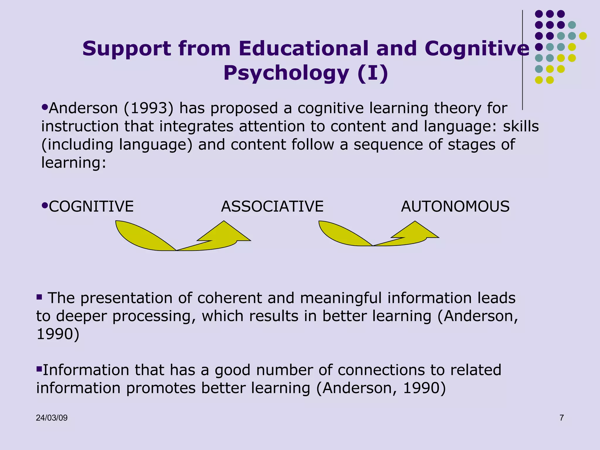 Support from Educational and Cognitive Psychology (I) Anderson (1993) has proposed a cognitive learning theory for instruction that integrates attention to content and language: skills (including language) and  content  follow a sequence of stages of learning: COGNITIVE  ASSOCIATIVE AUTONOMOUS  The presentation of coherent and meaningful information leads to deeper processing, which results in better learning (Anderson, 1990) Information that has a good number of connections to related information promotes better learning (Anderson, 1990) 