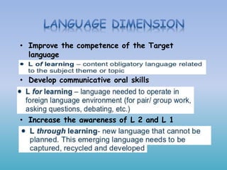 • Improve the competence of the Target
language
• Develop communicative oral skills
• Increase the awareness of L 2 and L 1
 