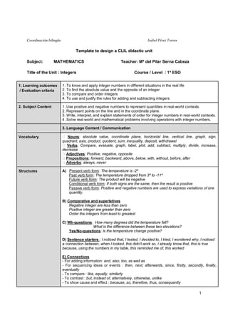 Coordinación bilingüe

Isabel Pérez Torres

Template to design a CLIL didactic unit
Subject:

MATHEMATICS

Teacher: Mª del Pilar Serna Cabeza

Title of the Unit : Integers

Course / Level : 1º ESO

1. Learning outcomes
/ Evaluation criteria

1. To know and apply integer numbers in different situations in the real life
2. To find the absolute value and the opposite of an integer
3. To compare and order integers
4. To use and justify the rules for adding and subtracting integers

2. Subject Content

1. Use positive and negative numbers to represent quantities in real-world contexts.
2. Represent points on the line and in the coordinate plane.
3. Write, interpret, and explain statements of order for integer numbers in real-world contexts.
4. Solve real-world and mathematical problems involving operations with integer numbers.
3. Language Content / Communication

Vocabulary

Nouns: absolute value, coordinate plane, horizontal line, vertical line, graph, sign,
quadrant, axis, product, quotient, sum, inequality, deposit, withdrawal
Verbs: Compare, evaluate, graph, label, plot, add, subtract, multiply, divide, increase,
decrease
Adjectives: Positive, negative, opposite
Prepositions: forward, backward, above, below, with, without, before, after
Adverbs: always, never

Structures

A) Present verb form: The temperature is -2º
Past verb form: The temperature dropped from 3º to -11º
Future verb form: The product will be negative
Conditional verb form: If both signs are the same, then the result is positive
Passive verb form: Positive and negative numbers are used to express variations of one
quantity.
B) Comparative and superlatives
Negative integer are less than zero
Positive integer are greater than zero
Order the integers from least to greatest
C) Wh-questions: How many degrees did the temperature fall?
What is the difference between these two elevations?
Yes/No-questions: Is the temperature change positive?
D) Sentence starters : I noticed that, I tested, I decided to, I tried, I wondered why, I noticed
a connection between, when I looked, this didn’t work so, I already know that, this is true
because, using the numbers in my table, this reminded me of, this worked
E) Connectives
- For adding information: and, also, too, as well as
- For sequencing ideas or events : then, next, afterwards, since, firstly, secondly, finally,
eventually
- To compare : like, equally, similarly
- To contrast : but, instead of, alternatively, otherwise, unlike
- To show cause and effect : because, so, therefore, thus, consequently

1

 