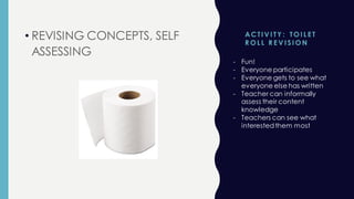 ACTI V I TY : TO I L E T
R O L L R E V I S I O N
• REVISING CONCEPTS, SELF
ASSESSING
- Fun!
- Everyone participates
- Everyone gets to see what
everyone else has written
- Teacher can informally
assess their content
knowledge
- Teachers can see what
interestedthem most
 