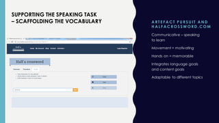 A R T E F A C T P U R S U I T A N D
H A L F A C R O S S W O R D . C O M
Communicative – speaking
to learn
Movement = motivating
Hands on = memorable
Integrates language goals
and content goals
Adaptable to different topics
SUPPORTING THE SPEAKING TASK
– SCAFFOLDING THE VOCABULARY
 