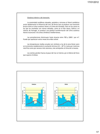17/01/2012




      Oceánico interior o de transición.

        La proximidad cordilleras elevadas, paralelas y cercanas al litoral cantábrico
anula rápidamente la influencia del mar, de forma que se produce una transición
brusca entre el clima oceánico litoral y el clima de montaña. Pero en las zonas en
las que las montañas son menos elevadas, como en el País Vasco, Galicia o el
interior de Portugal, se produce una gradual transformación del clima oceánico
litoral al acercarse a las áreas climáticas mediterráneas.

     Las precipitaciones disminuyen hasta situarse entre 700 y 1000 l. por m2.
Puede que aparezcan varios meses de aridez estival.

       Las temperaturas medias anuales son similares a las de la zona litoral, pero
se incrementa notablemente la oscilación térmica (12 – 18º C), tanto por inviernos
más fríos como por veranos más calurosos, más semejantes al clima de la meseta.

      Los vientos pierden fuerza al pasar del mar al interior, por el efecto de freno
que supone el relieve.




                                                                                                17
 