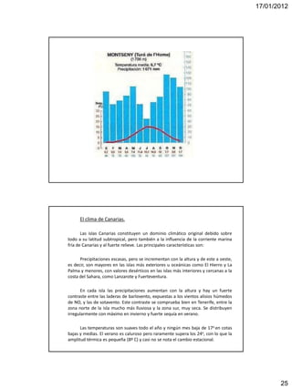17/01/2012




      El clima de Canarias.

       Las islas Canarias constituyen un dominio climático original debido sobre
todo a su latitud subtropical, pero también a la influencia de la corriente marina
fría de Canarias y al fuerte relieve. Las principales características son:

      Precipitaciones escasas, pero se incrementan con la altura y de este a oeste,
es decir, son mayores en las islas más exteriores u oceánicas como El Hierro y La
Palma y menores, con valores desérticos en las islas más interiores y cercanas a la
costa del Sahara, como Lanzarote y Fuerteventura.

      En cada isla las precipitaciones aumentan con la altura y hay un fuerte
contraste entre las laderas de barlovento, expuestas a los vientos alisios húmedos
de NO, y las de sotavento. Este contraste se comprueba bien en Tenerife, entre la
zona norte de la isla mucho más lluviosa y la zona sur, muy seca. Se distribuyen
irregularmente con máximo en invierno y fuerte sequía en verano.

      Las temperaturas son suaves todo el año y ningún mes baja de 17o en cotas
bajas y medias. El verano es caluroso pero raramente supera los 24o, con lo que la
amplitud térmica es pequeña (8º C) y casi no se nota el cambio estacional.




                                                                                             25
 