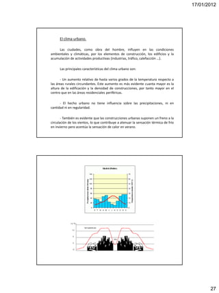 17/01/2012




      El clima urbano.

     Las ciudades, como obra del hombre, influyen en las condiciones
ambientales y climáticas, por los elementos de construcción, los edificios y la
acumulación de actividades productivas (industrias, tráfico, calefacción …).

      Las principales características del clima urbano son:

       - Un aumento relativo de hasta varios grados de la temperatura respecto a
las áreas rurales circundantes. Este aumento es más evidente cuanta mayor es la
altura de la edificación y la densidad de construcciones, por tanto mayor en el
centro que en las áreas residenciales periféricas.

      - El hecho urbano no tiene influencia sobre las precipitaciones, ni en
cantidad ni en regularidad.

       - También es evidente que las construcciones urbanas suponen un freno a la
circulación de los vientos, lo que contribuye a atenuar la sensación térmica de frío
en invierno pero acentúa la sensación de calor en verano.




                                                                                              27
 