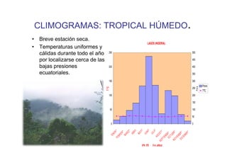 CLIMOGRAMAS: TROPICAL HÚMEDO.
• Breve estación seca.
                                                                                  LAGOS (NIGERIA).
• Temperaturas uniformes y
  cálidas durante todo el año       250                                                                                 500

  por localizarse cerca de las                                                                                          450

  bajas presiones                   200                                                                                 400

  ecuatoriales.                                                                                                         350

                                    150                                                                                 300
                                                                                                                                    Pmm




                                                                                                                              Pmm
                                 T ºC
                                                                                                                        250
                                                                                                                                    TºC
                                    100                                                                                 200

                                                                                                                        150

                                        50                                                                              100

                                                                                                                        50

                                        0                                                                               0


                                                                  L
                                                                        YO



                                                                                       L IO
                                                                                O
                                                             O
                                              O




                                                                  RI




                                                                                                TO
                                                                               NI




                                                                                                           V IE E
                                                       O




                                                                                                                    E
                                                           RZ
                                             ER




                                                                                                         DI BRE
                                                                                                           OC RE
                                                                                                                  BR
                                                                       MA
                                                   ER


                                                                 AB




                                                                                      JU




                                                                                                                 BR
                                                                             JU



                                                                                              OS
                                                        MA
                                        EN




                                                                                                                B
                                                                                                               TU
                                                  BR




                                                                                                              EM
                                                                                                               M
                                                                                                      IE M
                                                                                           AG
                                              FE




                                                                                                           CI
                                                                                                 PT


                                                                                                        NO
                                                                                                SE
                                                                            6ºN 3ºE    0 m. altitud
 