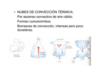 • NUBES DE CONVECCIÓN TÉRMICA:
  Por ascenso convectivo de aire cálido.
  Forman cumulonimbos
  Borrascas de convección, intensas pero poco
  duraderas.
 