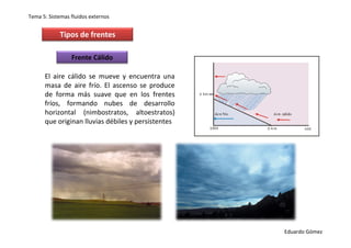 Tema 5: Sistemas fluidos externos


            Tipos de frentes

                 Frente Cálido

      El aire cálido se mueve y encuentra una
      masa de aire frío. El ascenso se produce
      de forma más suave que en los frentes
      fríos, formando nubes de desarrollo
      horizontal (nimbostratos, altoestratos)
      que originan lluvias débiles y persistentes




                                                    Eduardo Gómez
 