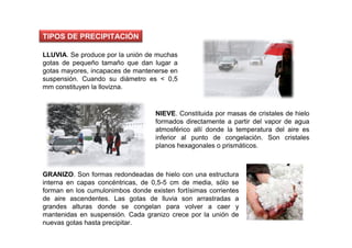 TIPOS DE PRECIPITACIÓN

LLUVIA. Se produce por la unión de muchas
gotas de pequeño tamaño que dan lugar a
gotas mayores, incapaces de mantenerse en
suspensión. Cuando su diámetro es < 0,5
mm constituyen la llovizna.


                                   NIEVE. Constituida por masas de cristales de hielo
                                   formados directamente a partir del vapor de agua
                                   atmosférico allí donde la temperatura del aire es
                                   inferior al punto de congelación. Son cristales
                                   planos hexagonales o prismáticos.



GRANIZO. Son formas redondeadas de hielo con una estructura
interna en capas concéntricas, de 0,5-5 cm de media, sólo se
forman en los cumulonimbos donde existen fortísimas corrientes
de aire ascendentes. Las gotas de lluvia son arrastradas a
grandes alturas donde se congelan para volver a caer y
mantenidas en suspensión. Cada granizo crece por la unión de
nuevas gotas hasta precipitar.
 
