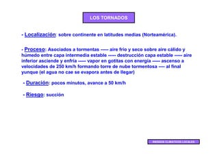 LOS TORNADOS


- Localización: sobre continente en latitudes medias (Norteamérica).

- Proceso: Asociados a tormentas ----- aire frío y seco sobre aire cálido y
húmedo entre capa intermedia estable ----- destrucción capa estable ----- aire
inferior asciende y enfría ----- vapor en gotitas con energía ----- ascenso a
velocidades de 250 km/h formando torre de nube tormentosa ---- al final
yunque (el agua no cae se evapora antes de llegar)

- Duración: pocos minutos, avance a 50 km/h

- Riesgo: succión




                                                            RIESGOS CLIMATICOS LOCALES
 