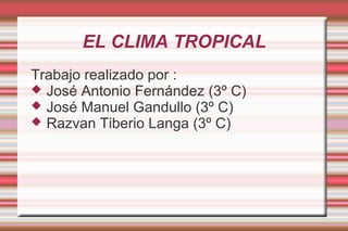 EL CLIMA TROPICAL
Trabajo realizado por :
 José Antonio Fernández (3º C)
 José Manuel Gandullo (3º C)
 Razvan Tiberio Langa (3º C)
 