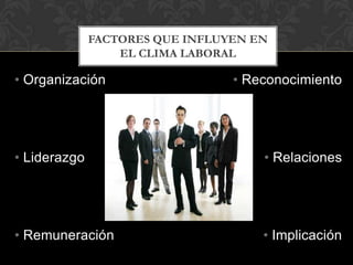 FACTORES QUE INFLUYEN EN
                  EL CLIMA LABORAL

• Organización                   • Reconocimiento




• Liderazgo                          • Relaciones




• Remuneración                       • Implicación
 