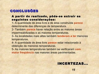 CONCLUSÕES
A partir do realizado, pôde-se extrair as
seguintes considerações:
1- A quantidade de área livre e de área construída parece
determinante das diferenças de temperatura.
2- Também parece haver relação entre as maiores áreas
impermeabilizadas e as maiores temperaturas.
3- As localidades mais altas também tenderam a ter menores
temperaturas.
4- A quantidade de área livre parece estar relacionado à
obtenção de menores temperaturas.
5- As maiores temperaturas também se verificaram com
maior freqüência nas maiores áreas pavimentadas.



                                  INCERTEZAS...
                                             15
 