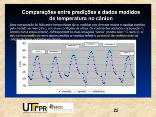Comparações entre predições e dados medidos
                        de temperatura no cânion
Uma comparação foi feita entre temperaturas do ar medidas nos diversos modos e aquelas preditas
pelo modelo semi-empírico, sob duas condições de altura. Os coeficientes adotados na equação 1,
obtidos numa etapa anterior, correspondem às duas situações “secas” (modos seco 1 e seco 2). A
não correspondência entre dados preditos e medidos reflete o potencial de resfriamento da
.adição de áreas molhadas no cânion
               45                                                 molhado 3         molhado 4
                                            molhado 2

               40   seco 1   molhado 1
                                                                                                seco 2

               35
      T (ºC)




               30

               25

               20

               15

                                         medido         predito        referência




                                                                                           25
 