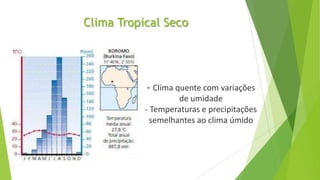 Clima Tropical Seco
- Clima quente com variações
de umidade
- Temperaturas e precipitações
semelhantes ao clima úmido
 