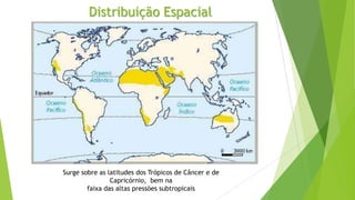 Distribuição Espacial
Surge sobre as latitudes dos Trópicos de Câncer e de
Capricórnio, bem na
faixa das altas pressões subtropicais
 