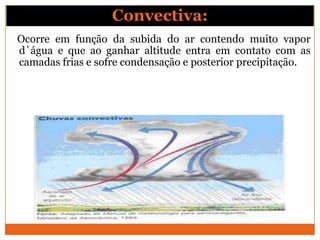 Ocorre em função da subida do ar contendo muito vapor
d`água e que ao ganhar altitude entra em contato com as
camadas frias e sofre condensação e posterior precipitação.
Convectiva:
 