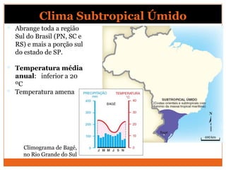 Clima Subtropical Úmido
 Abrange toda a região
Sul do Brasil (PN, SC e
RS) e mais a porção sul
do estado de SP.
 Temperatura média
anual: inferior a 20
ºC
 Temperatura amena
Climograma de Bagé,
no Rio Grande do Sul
 