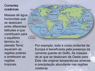 Correntes
oceânicas
19
Massas de água
horizontais que
se deslocam
entre diferentes
latitudes e que
contribuem para
o equilíbrio
térmico do
planeta Terra:
aquecem as
regiões polares
e arrefecem as
regiões
tropicais.
Por exemplo, toda a costa ocidental da
Europa é beneficiada pela presença da
corrente quente do Golfo. As massas
de ar que se deslocam de Oeste para
Este vão originar temperaturas amenas
e precipitação abundante nas regiões
costeiras
 