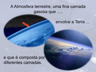 A Atmosfera terrestre, uma fina camada
gasosa que ….
2
envolve a Terra …
e que é composta por
diferentes camadas.
 
