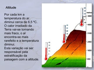 Altitude
20
Por cada km a
temperatura do ar
diminui cerca de 6,5 ºC.
O calor irradiado da
Terra vai-se tornando
mais fraco, o ar
encontra-se mais
rarefeito e a temperatura
diminui.
Esta variação vai ser
responsável pela
estratificação da
paisagem com a altitude.
 