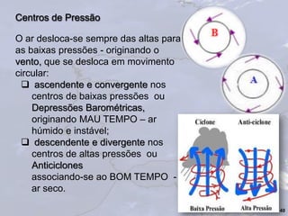 40
Centros de Pressão
O ar desloca-se sempre das altas para
as baixas pressões - originando o
vento, que se desloca em movimento
circular:
 ascendente e convergente nos
centros de baixas pressões ou
Depressões Barométricas,
originando MAU TEMPO – ar
húmido e instável;
 descendente e divergente nos
centros de altas pressões ou
Anticiclones
associando-se ao BOM TEMPO -
ar seco.
 