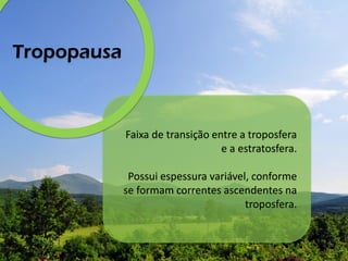 Faixa de transição entre a troposfera
e a estratosfera.
Possui espessura variável, conforme
se formam correntes ascendentes na
troposfera.
Tropopausa
 