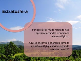 Por possuir ar muito rarefeito não
apresenta grandes fenômenos
meteorológicos.
Aqui se encontra a chamada camada
de ozônio (O3) que absorve grande
parte dos raios UV.
Estratosfera
 