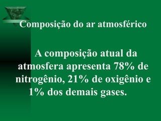 Composição do ar atmosférico
A composição atual da
atmosfera apresenta 78% de
nitrogênio, 21% de oxigênio e
1% dos demais gases.
 